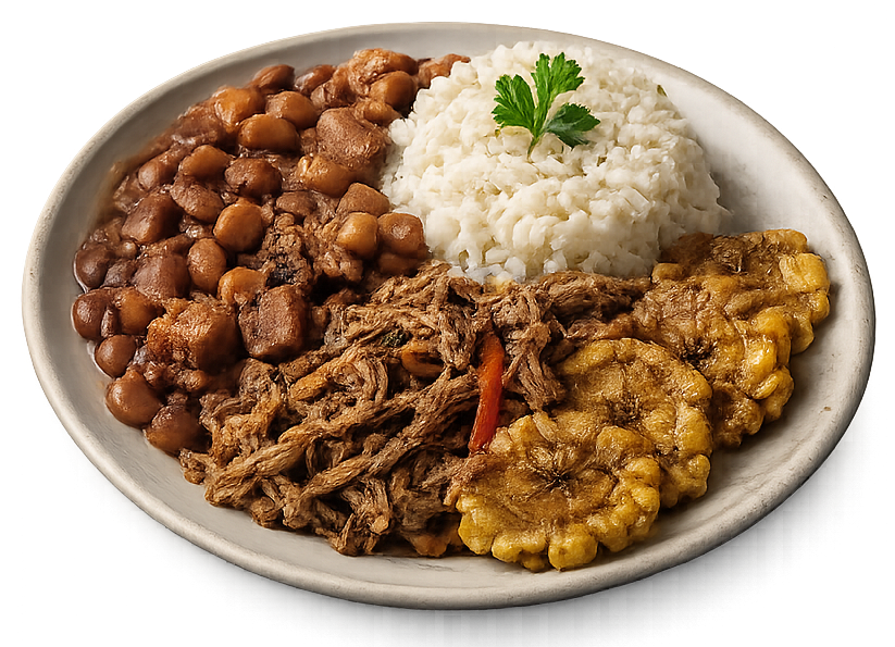 Arroz blanco, habichuelas, pernil y tostones